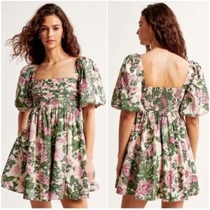 Abercrombie & Fitch Emerson Poplin Puff Sleeve Dress Cream Floral M